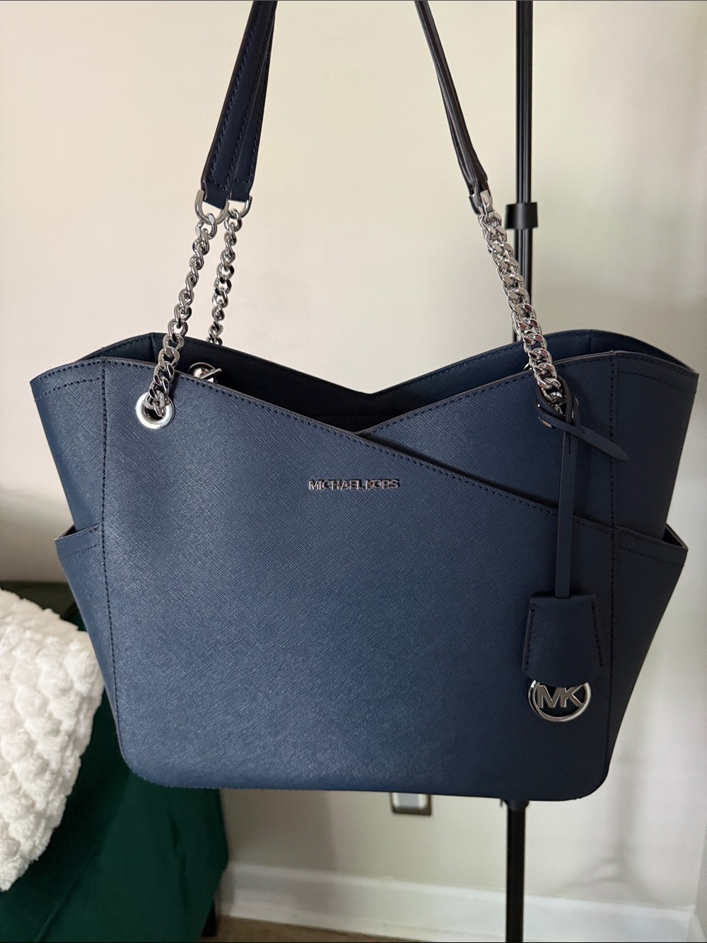 Michael Kors Navy Saffiano Chain-Handle Tote